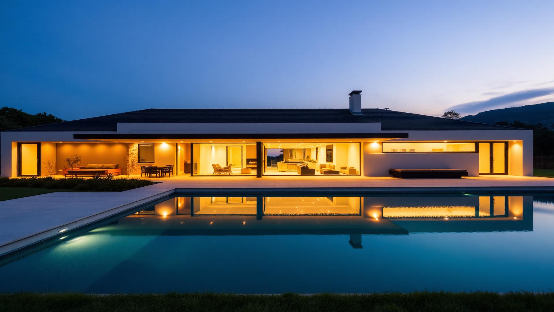 Modern home exterior at dusk with pool